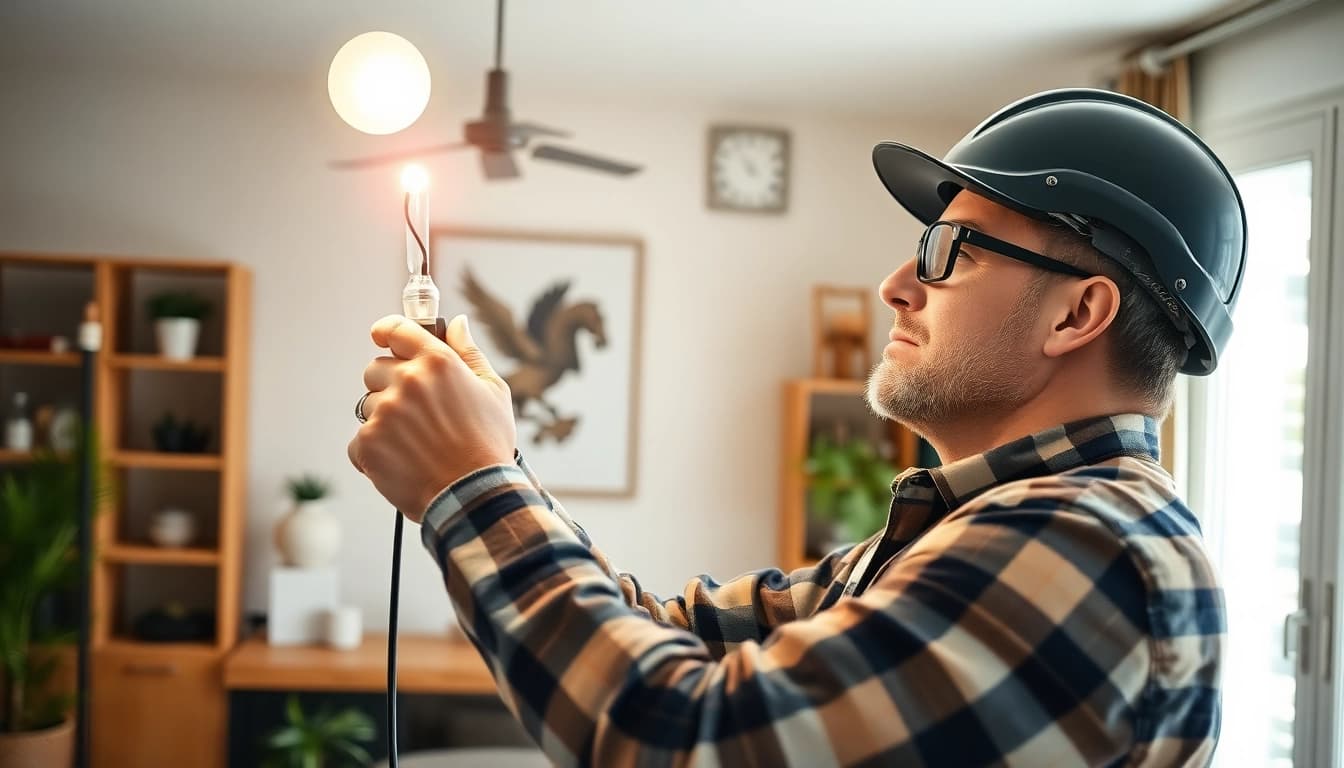 Electricians in vancouver installing smart lighting systems in a cozy home environment.
