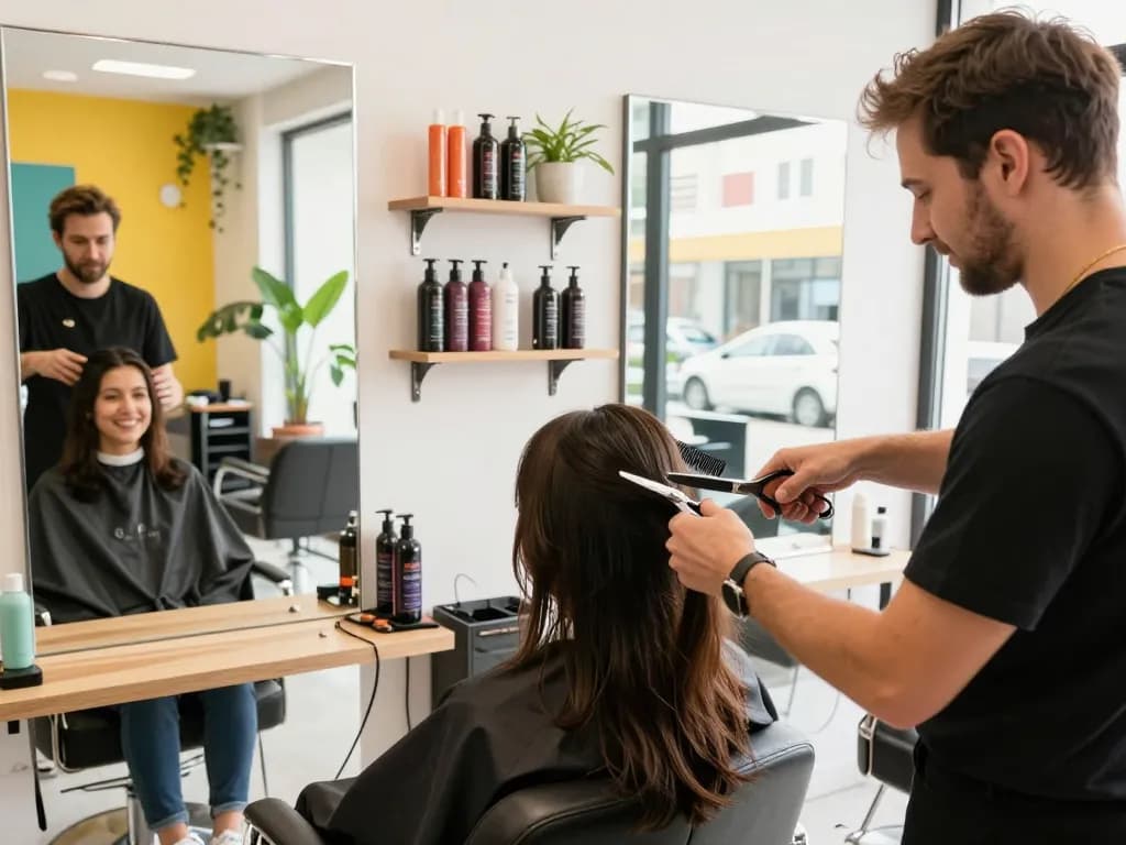 haircut near me in a vibrant salon setting with stylist and happy client
