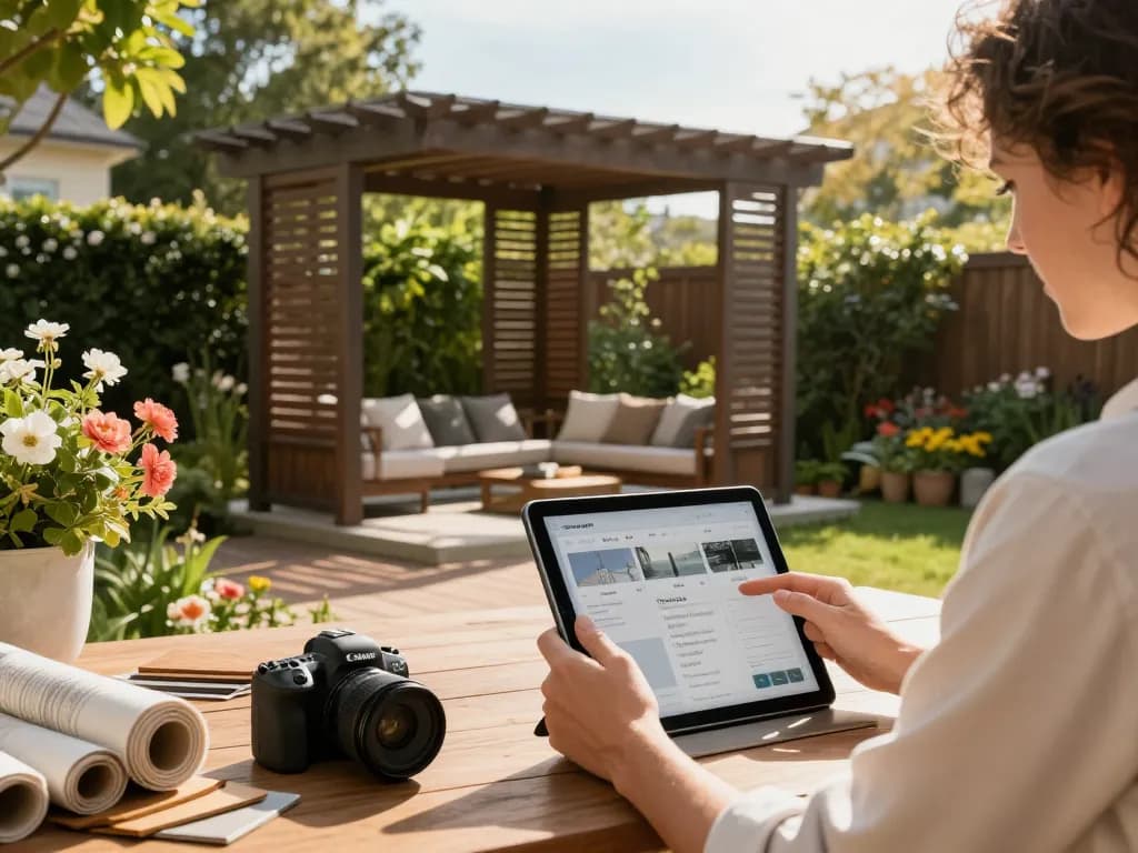 Homeowner engaged with a custom pergola configurator amid a beautiful garden, showcasing design elements for outdoor spaces.