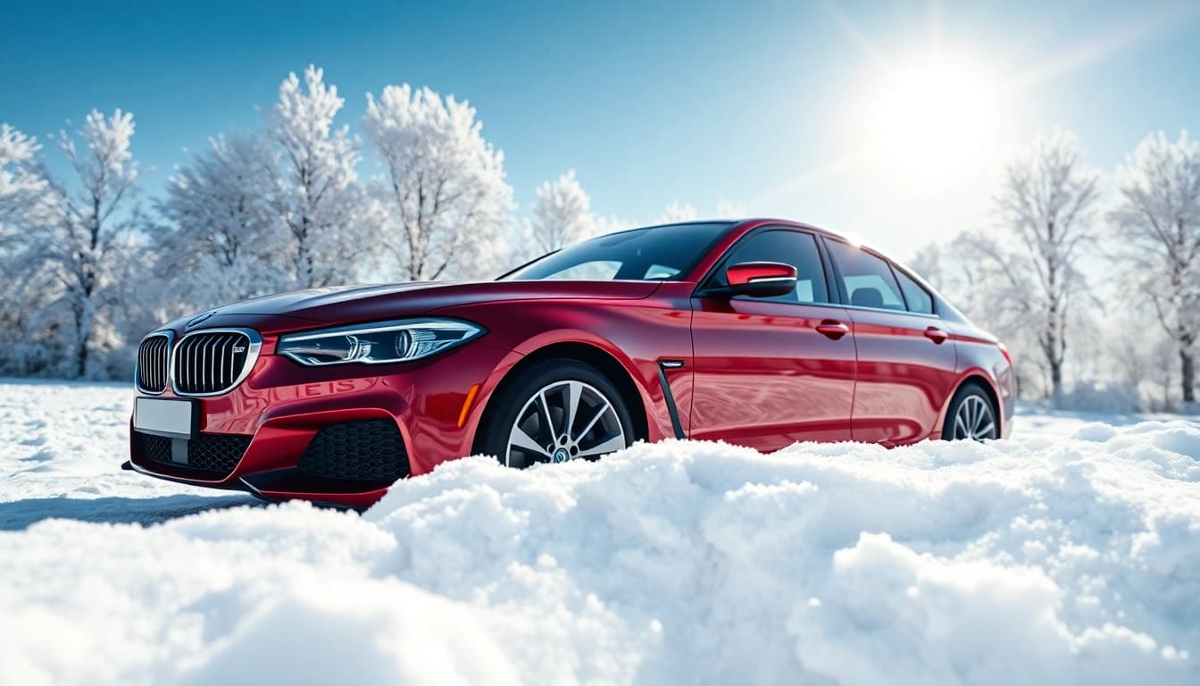 Showcasing winter car protection Chattanooga, a gleaming vehicle amidst snowy scenery with protective coatings.