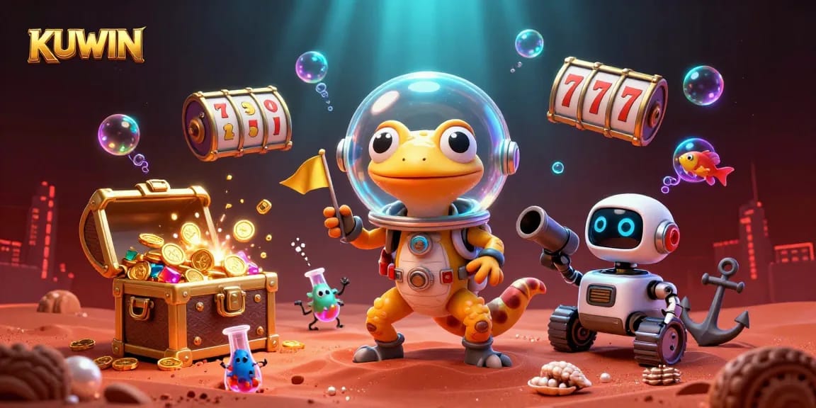 Experience thrilling casino adventures with KUWIN in a vibrant 3D space illustration.