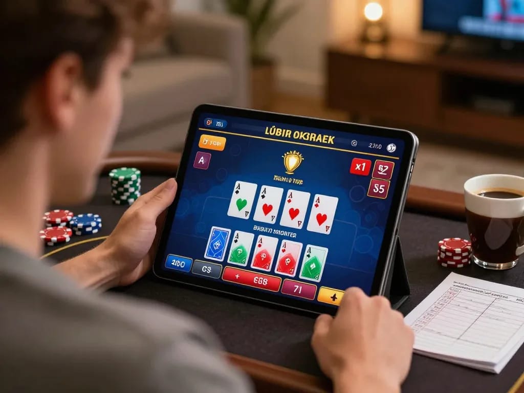 Playing fun88 blackjack game on a tablet at home with strategic focus and warm ambiance