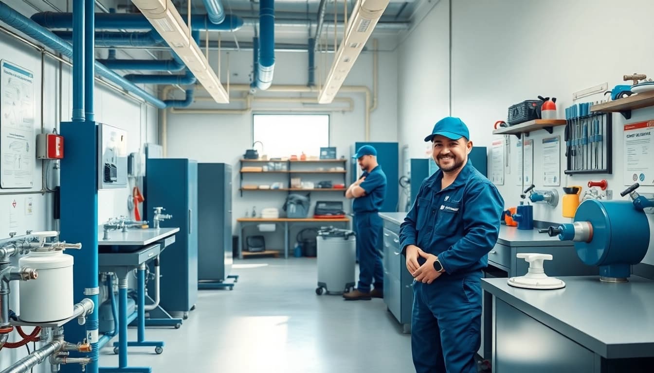 Technician from sonni sanitär GmbH demonstrating plumbing expertise in a professional workspace.