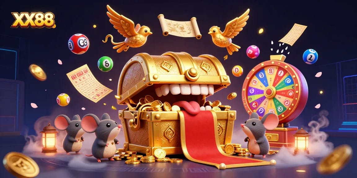 Experience thrilling gaming adventures at XX88 with golden treasures and vibrant lottery elements.