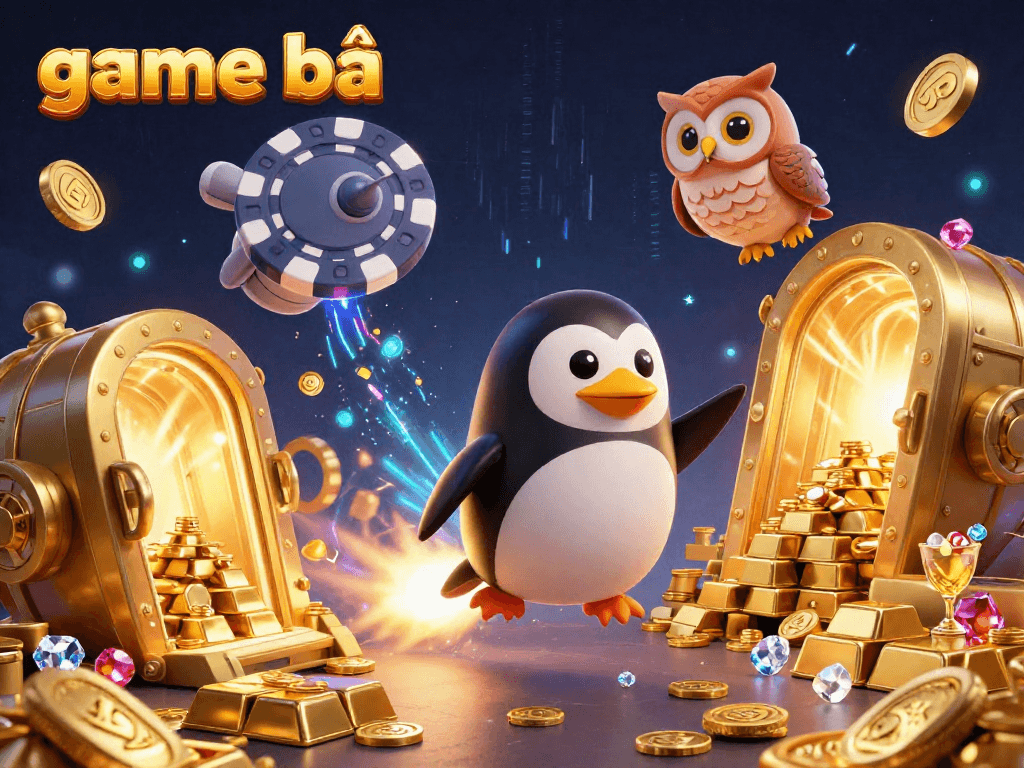 Experience the excitement of game bài with a golden penguin spaceship exploring a vibrant casino universe.