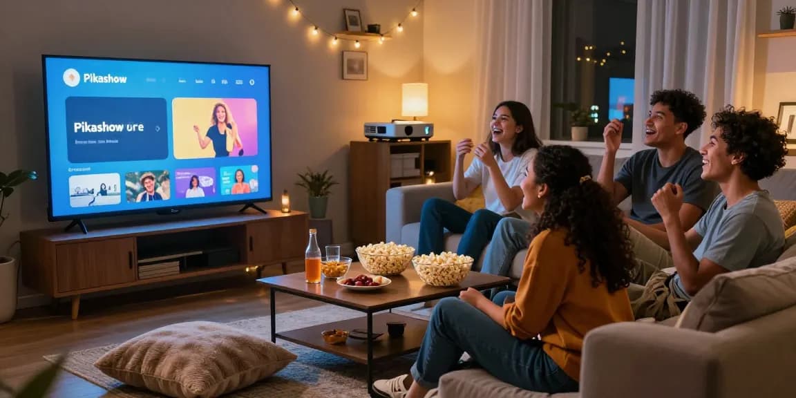 Friends enjoying a movie night using Pikashow app on a smart TV, cozy living room ambiance.