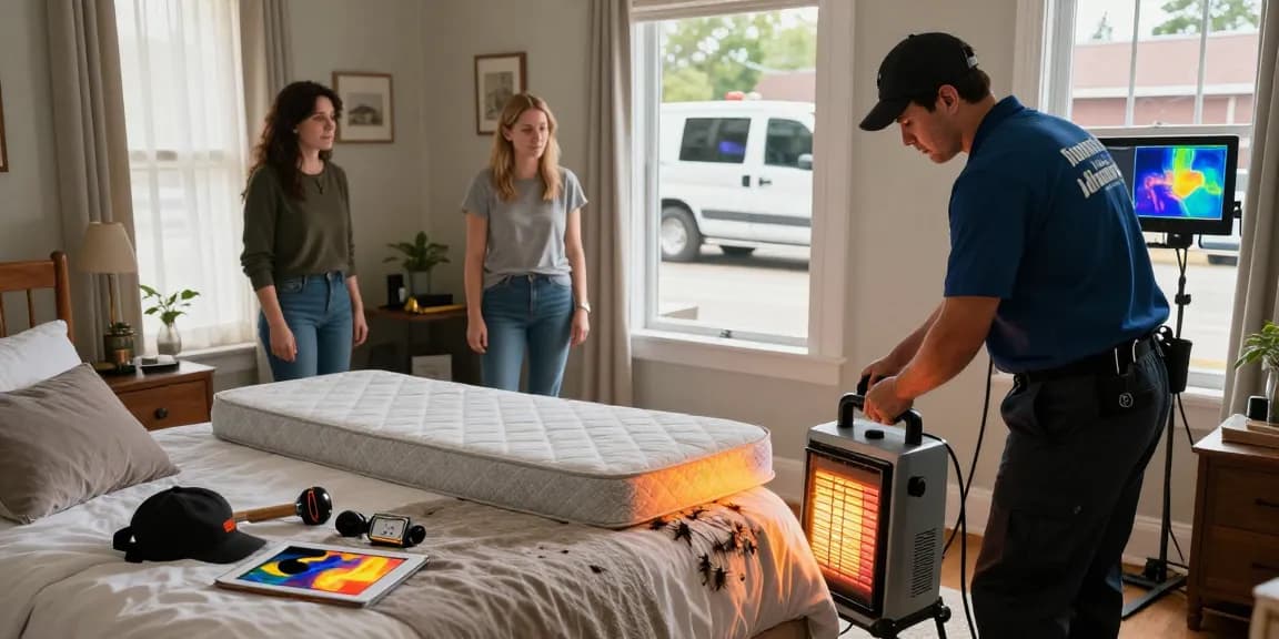 Effective bed bug heat treatment process in Milwaukee home, exterminator using specialized equipment for a pest-free environment.