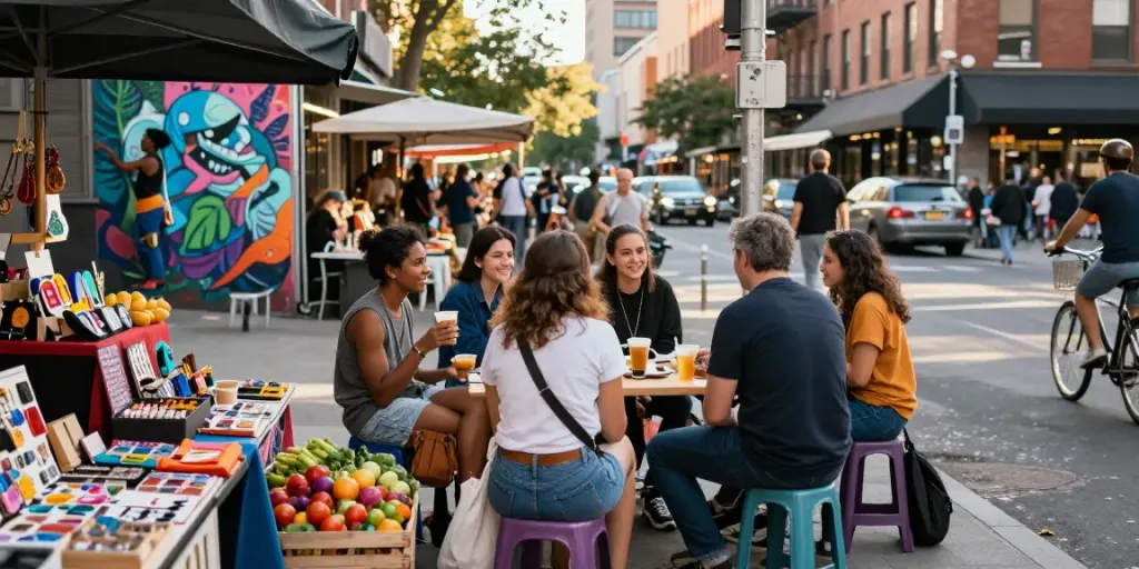 Friends enjoying vibrant market life showcasing rokok 88 in urban scene.