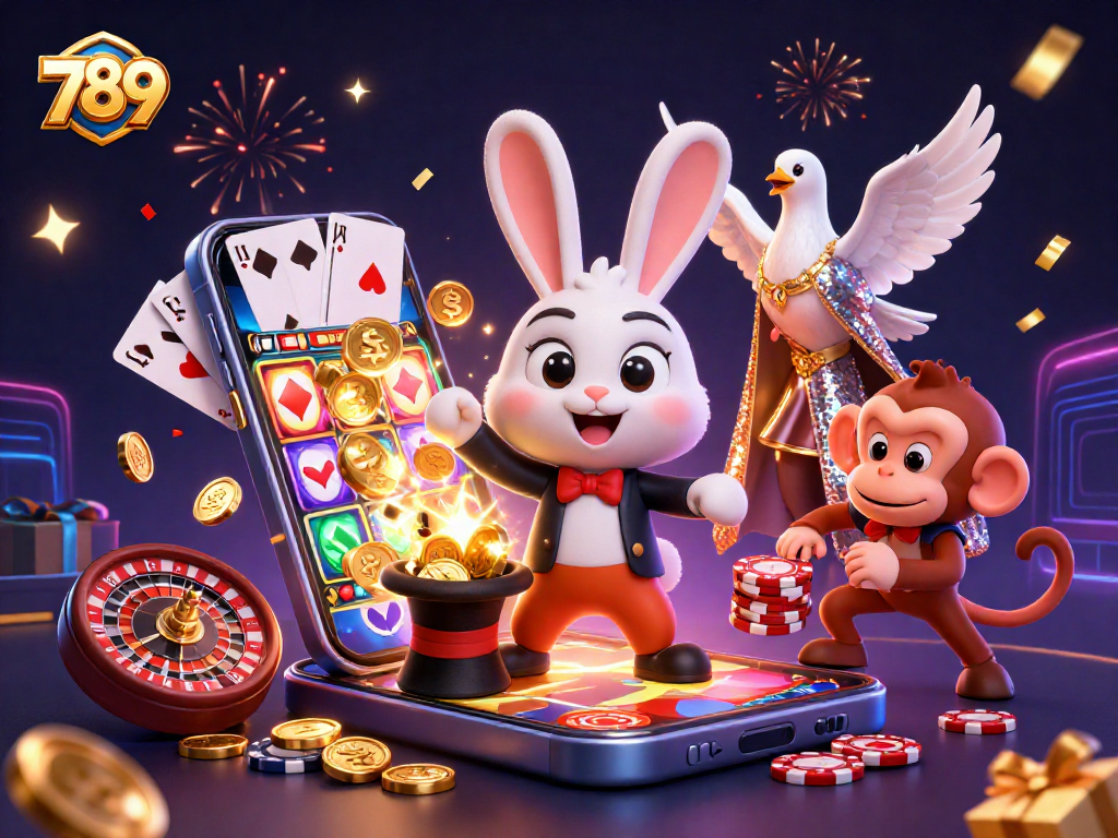 Experience thrilling games at 789 with a magician rabbit, dove, and monkey in a vibrant casino scene.