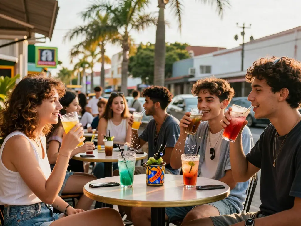 Young adults enjoying rokok 88 sodas at a vibrant café.