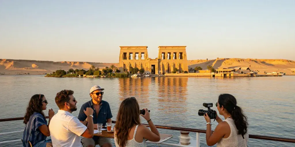 Lake Nasser Cruise with travelers enjoying stunning sunset views and Nubian temples in the background.