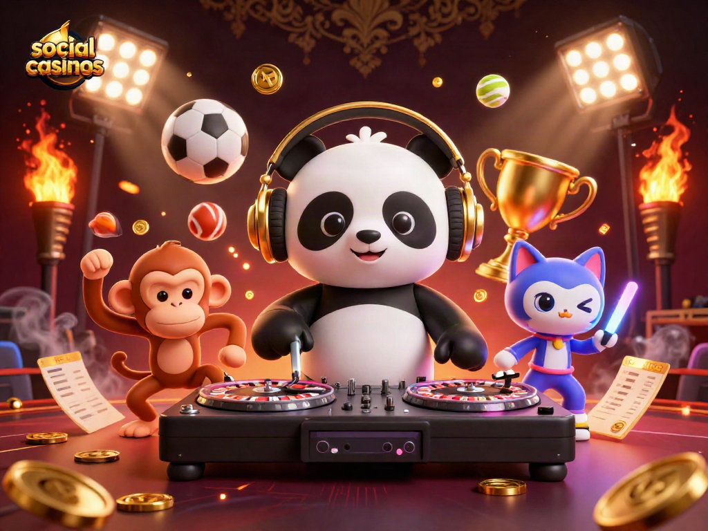 Dynamic scene depicting the excitement of social casinos with colorful 3D characters and game elements.