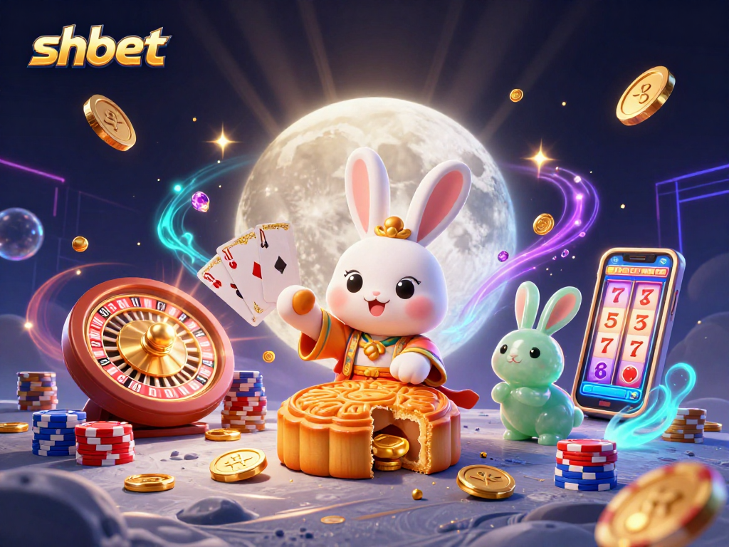 Experience thrilling gameplay with shbet as a moon rabbit reveals poker chips from mooncakes amidst a vibrant casino scene.