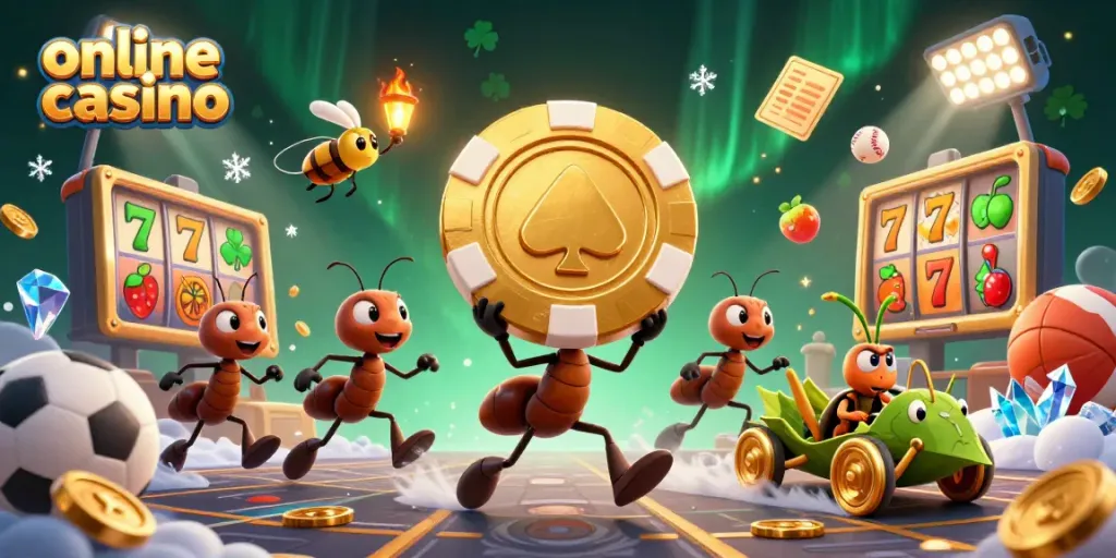 Engage with premier online casino excitement featuring dynamic cartoon ants running a heist.