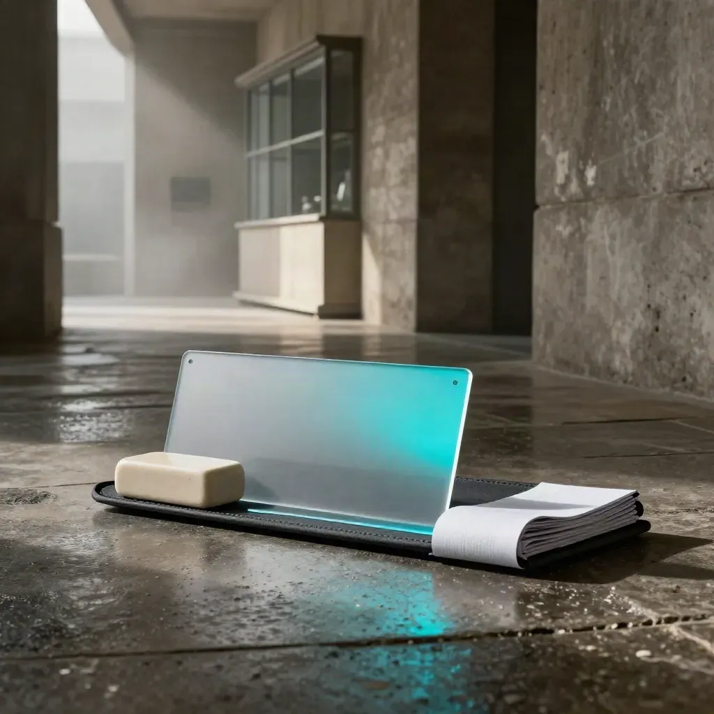 Charcoal trend pass bundle on wet stone in a misty architectural corridor with cyan reflection