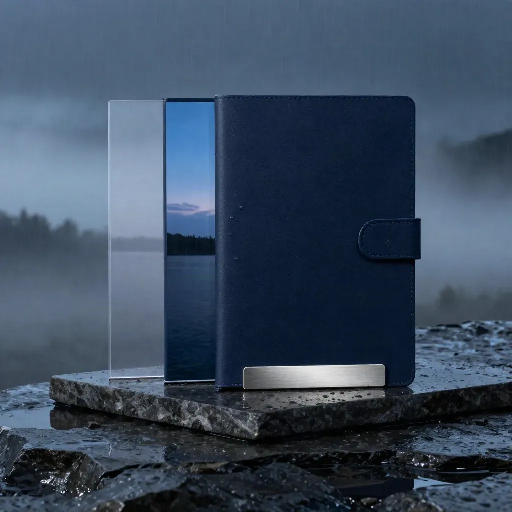 Unbranded trend report folios on wet basalt at blue hour with mist and brushed aluminum clip