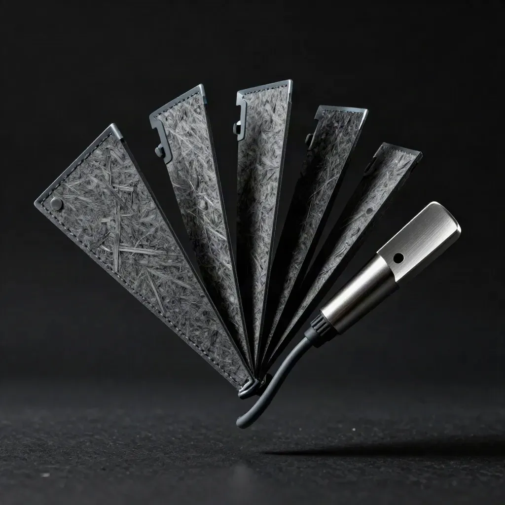 Charcoal report folio with acrylic fins, cable loop, and metal spacers floating in a dark studio.