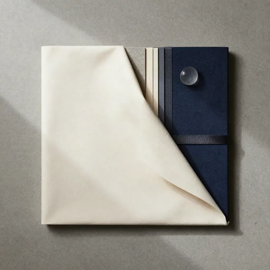 Cream fabric-wrapped report with color chips, ribbon, and frosted glass pebble on concrete