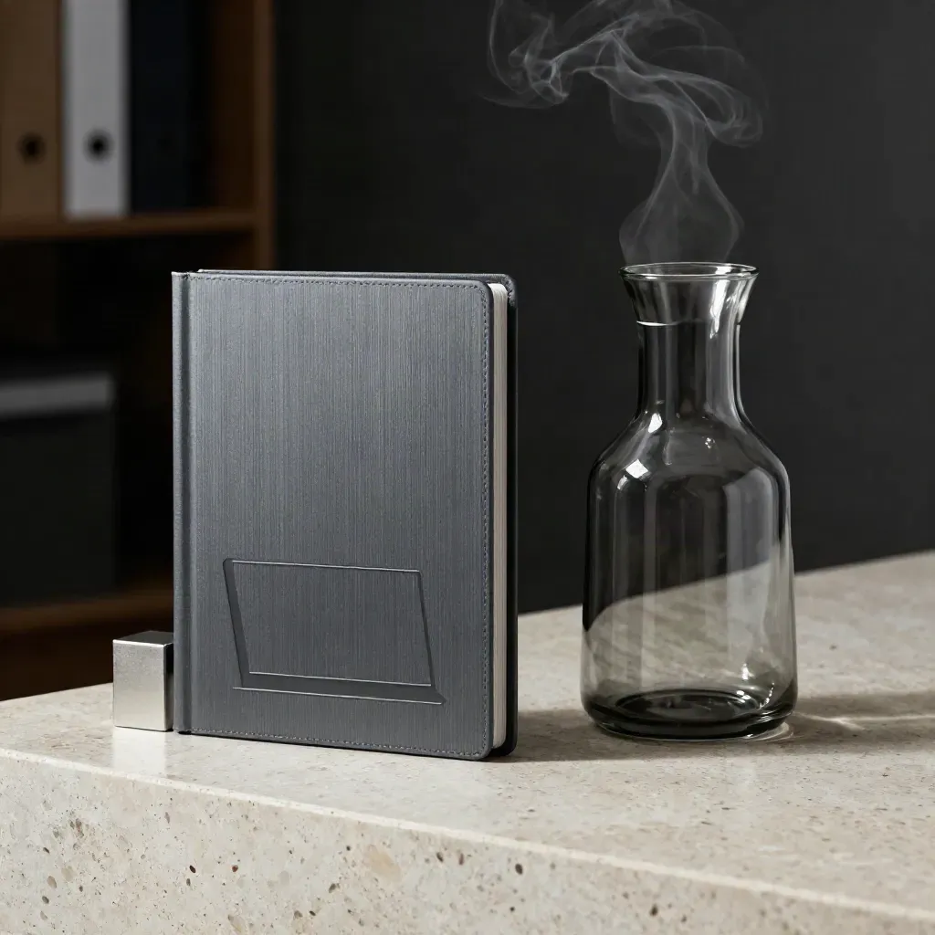 Graphite report folio with aluminum cubes, closed laptop silhouette and glass carafe in steam