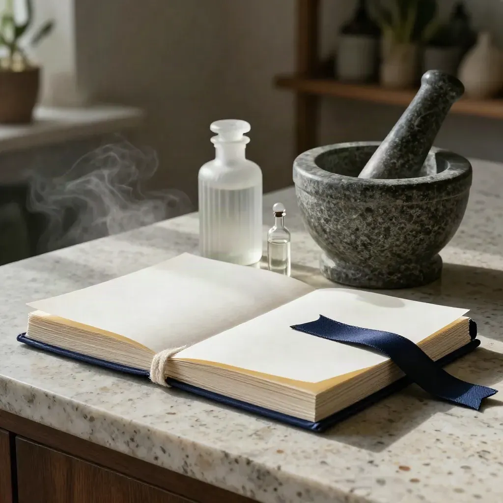 Alabaster health report folio with gauze, glass bottles and a stone mortar on travertine.