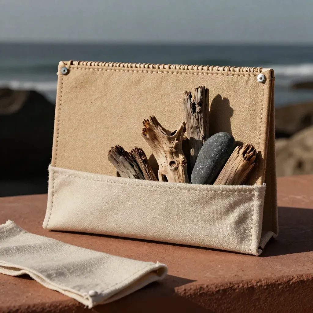 Coastal market note sleeve with driftwood, pebble, and canvas in raking light.