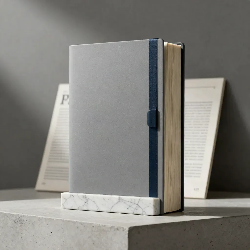 Low hero shot of a matte slipcase trend brief, booklet, and stone block on a concrete plinth.