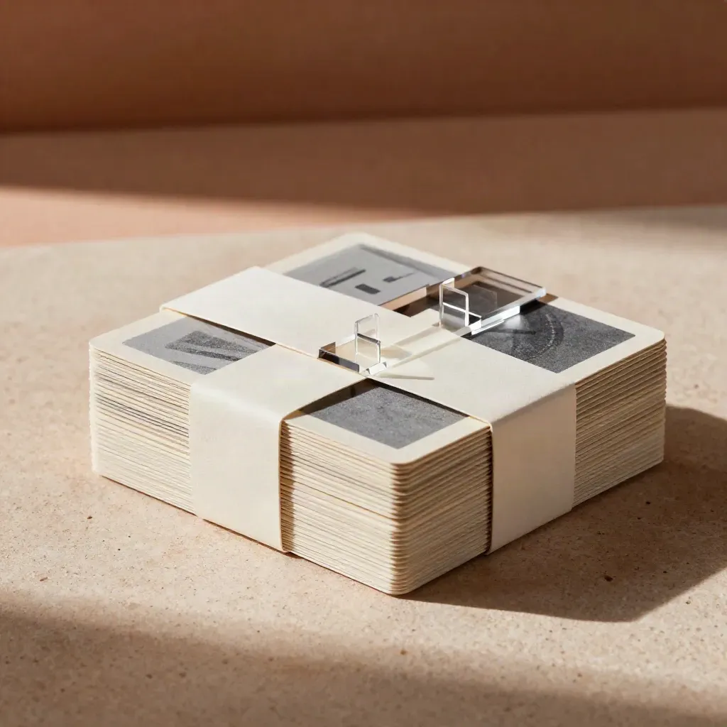 Compact social signal tracker pack fanned on pale stone with cream cards, paper band, and clear spacers