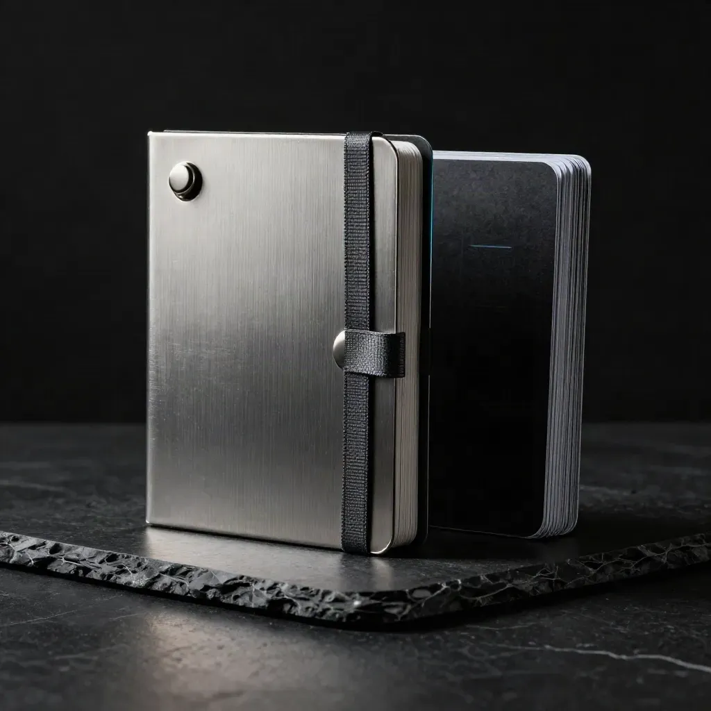 Dark trend folio with metal paperweight and signal-card stack, lit by a cyan rim glow.