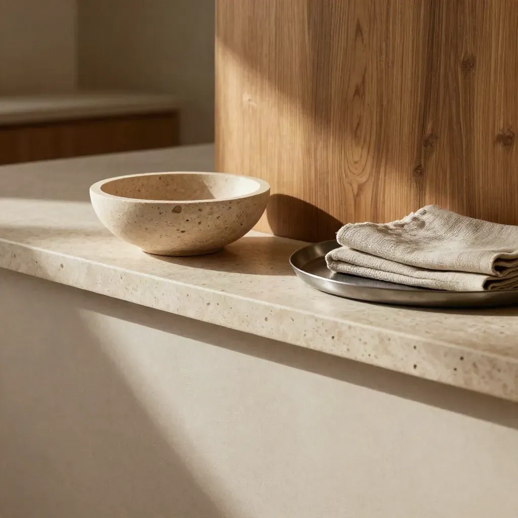 Travertine ledge, oak corner, stone bowl and linen with calm open copy space