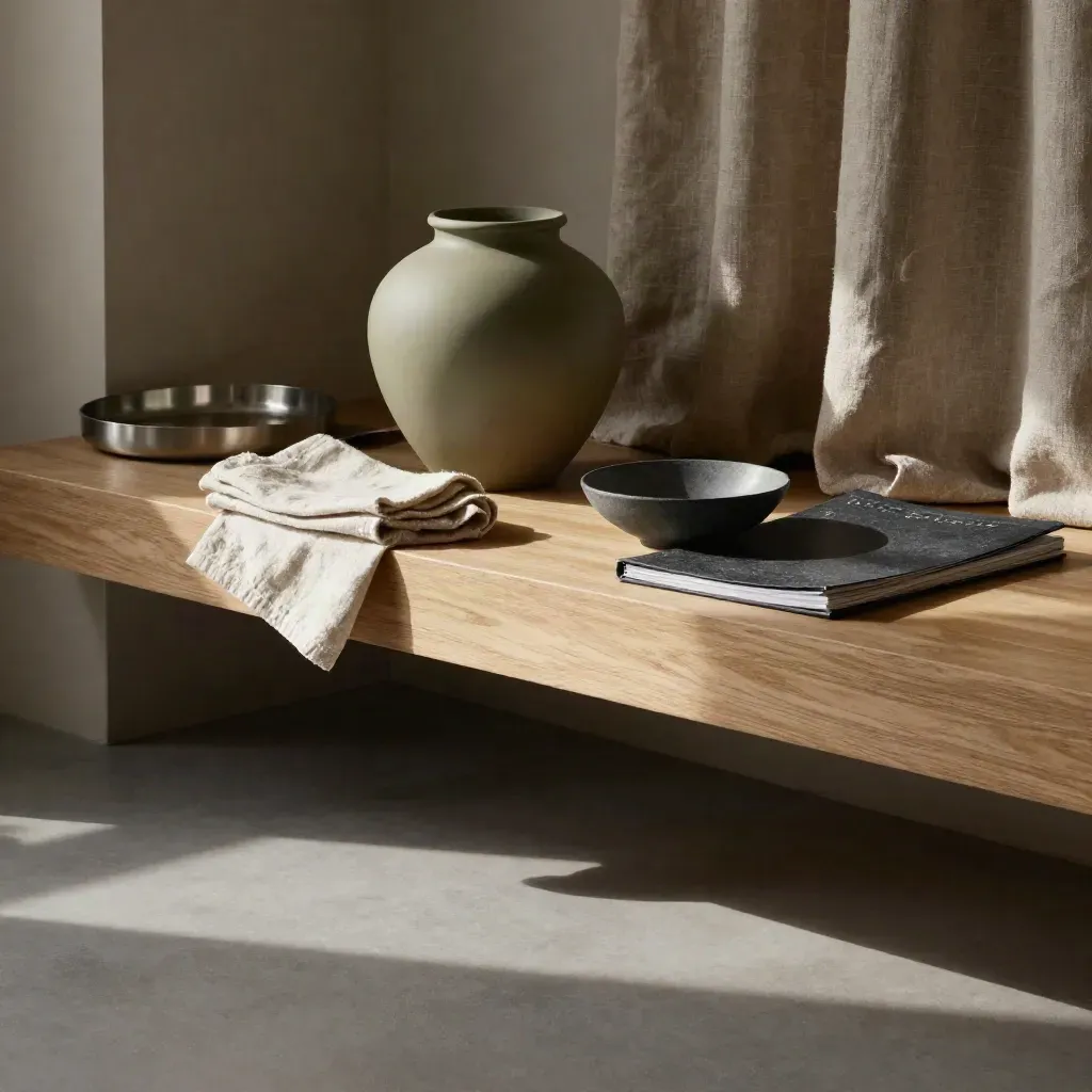 Sunlit editorial nook with ceramic vessel, pale oak wall, linen curtains, and calm copy space.