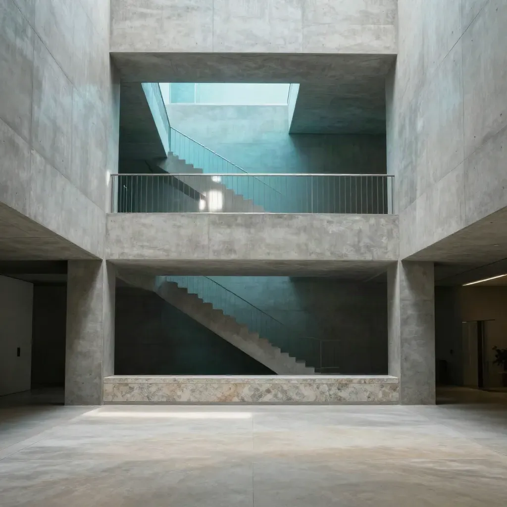 Sunlit concrete atrium with staircase and cyan light, calm lower space for copy
