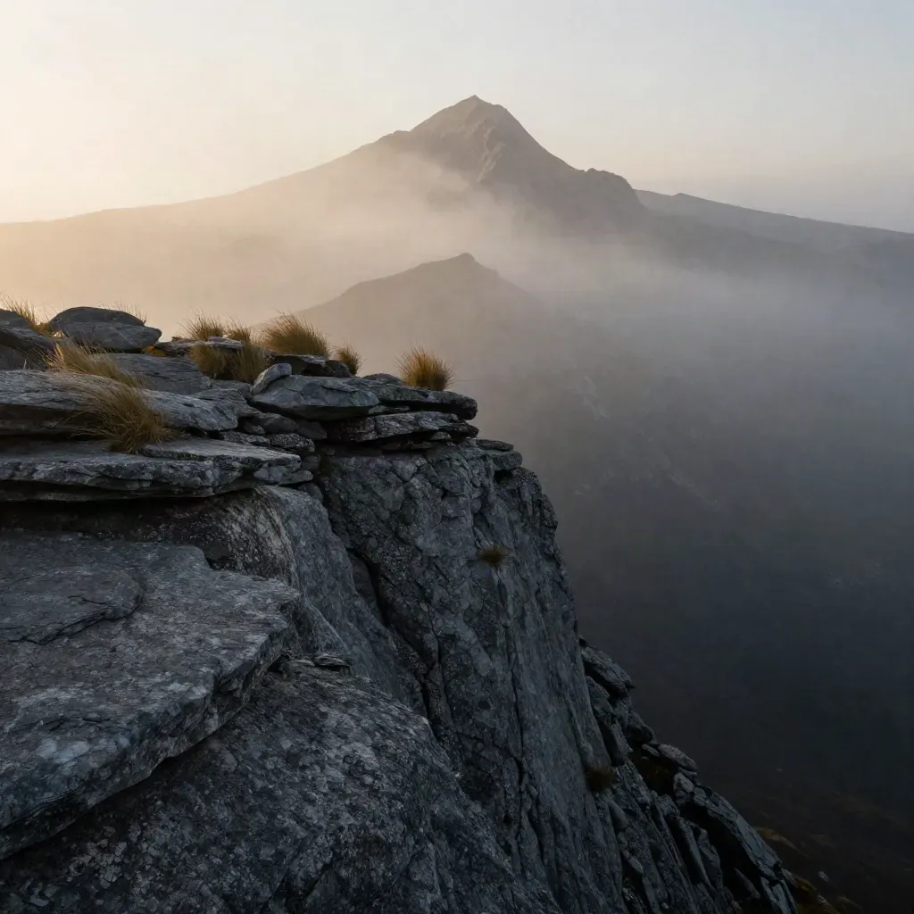 Misty ridge above a dark valley at dawn, with fog and open copy space below.