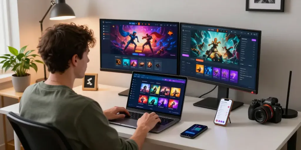 Engaging user logging into rokok88 for an immersive online gaming experience in a cozy home office.
