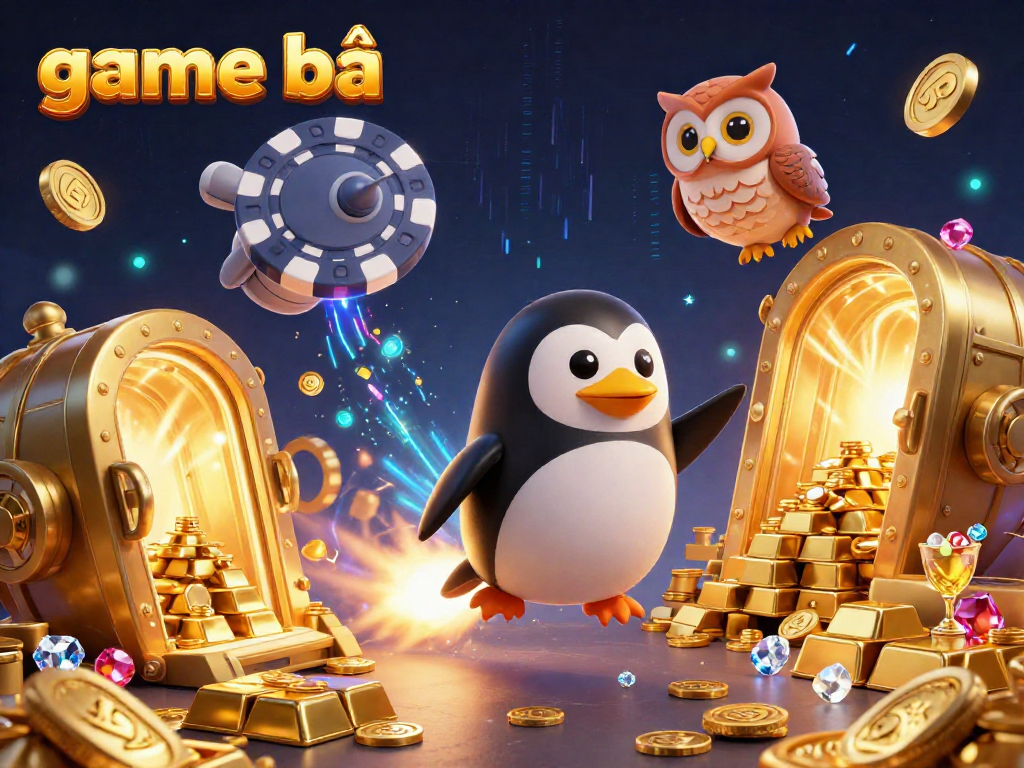 Experience the excitement of game bài with a golden penguin spaceship exploring a vibrant casino universe.