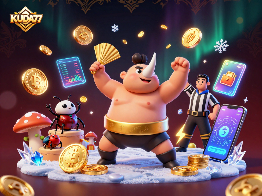 KUDA77 menampilkan kejuaraan sumo kumbang badak dengan koin emas terbang dalam ilustrasi kasino 3D.