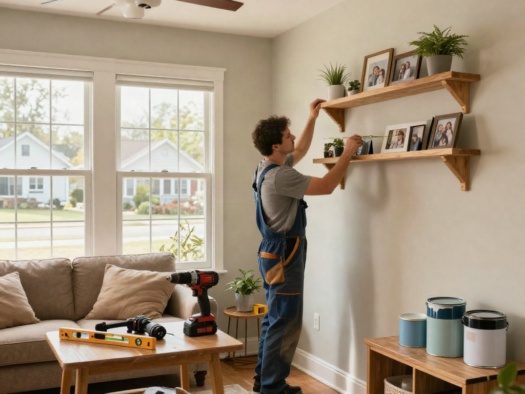 Home repair services Des Moines Iowa technician measuring wall for new shelves in a cozy living room.
