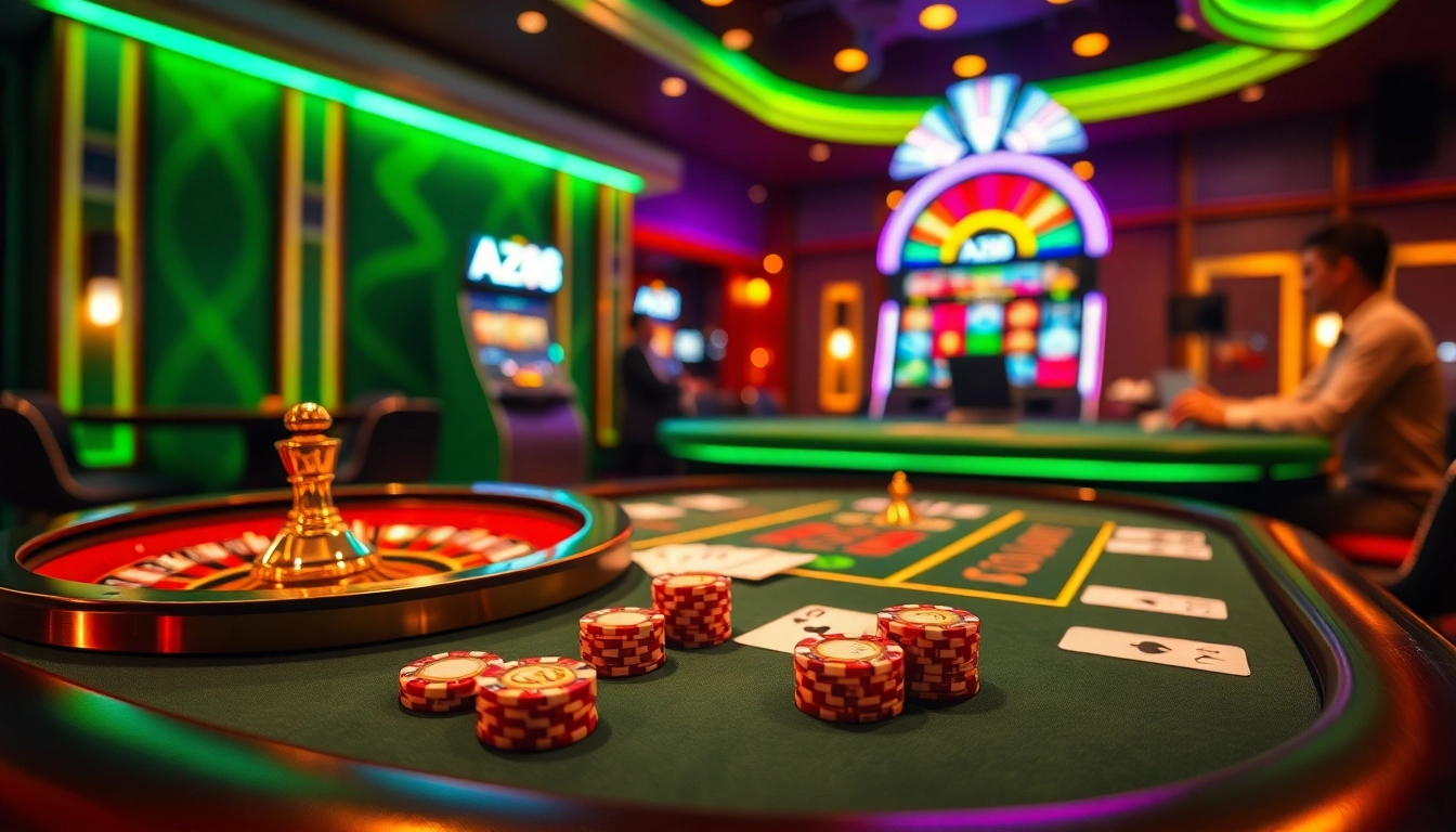 A vibrant casino scene featuring the AZ88 poker table with chips and cards, embodying luxury gambling.