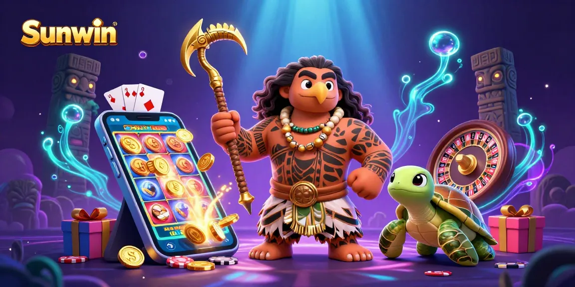 Spin and win with Sunwin, featuring a vibrant casino scene of slots, cards, and dynamic characters.