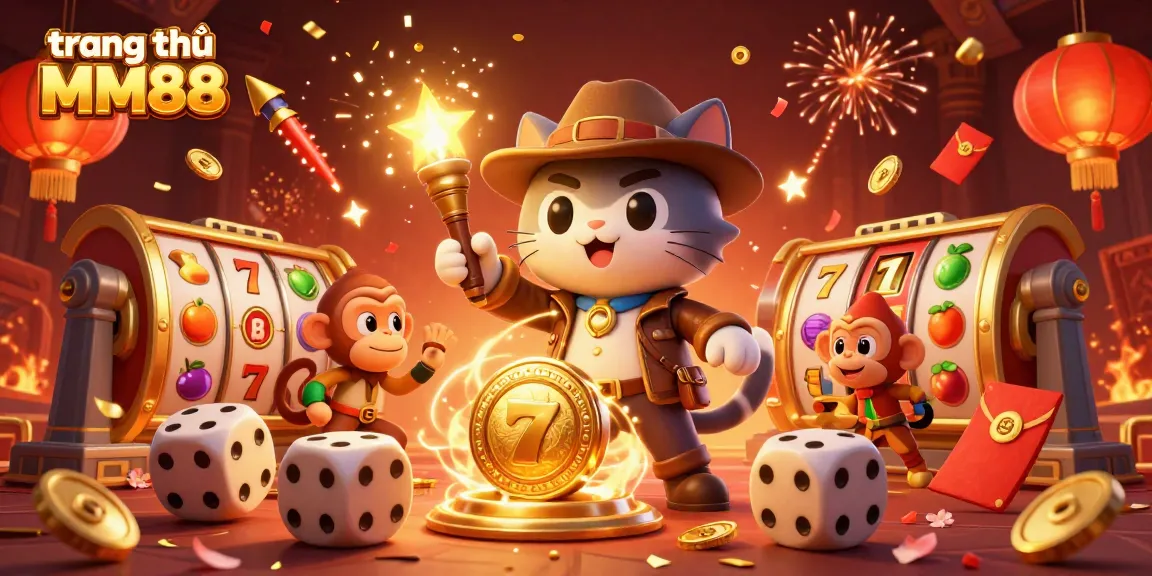 Engage with the vibrant world of trang chủ MM88, showcasing an adventurous cat amid casino treasures.