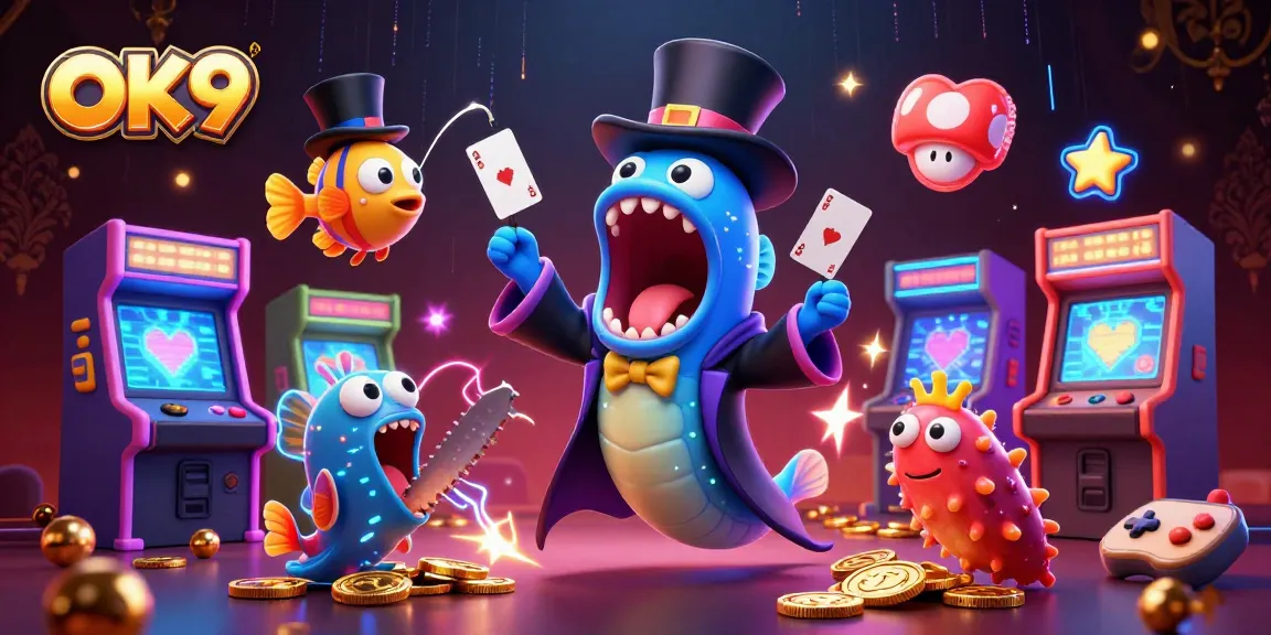 Engage with OK9’s thrilling casino adventure featuring a bioluminescent eel magician amidst vibrant gaming action.