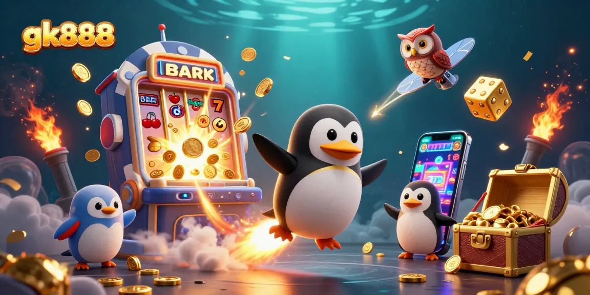 Experience thrilling action with gk888 as a golden penguin soars through a vibrant casino scene.