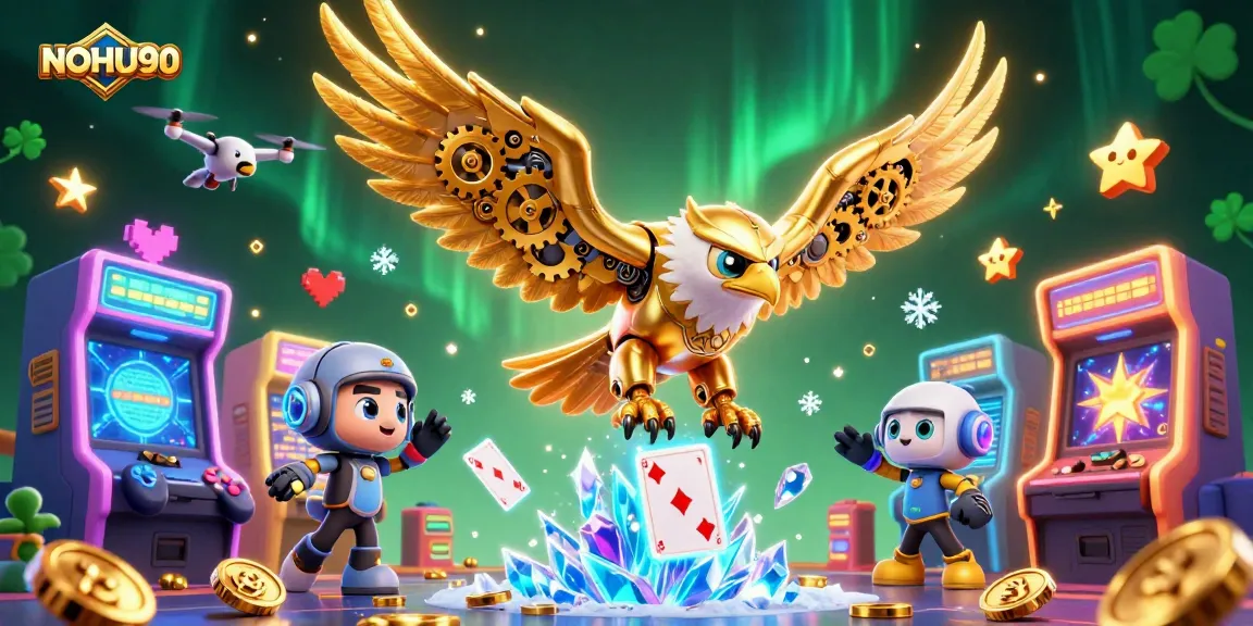 NOHU90 features a cybernetic eagle soaring through holographic cards surrounded by colorful gaming elements.