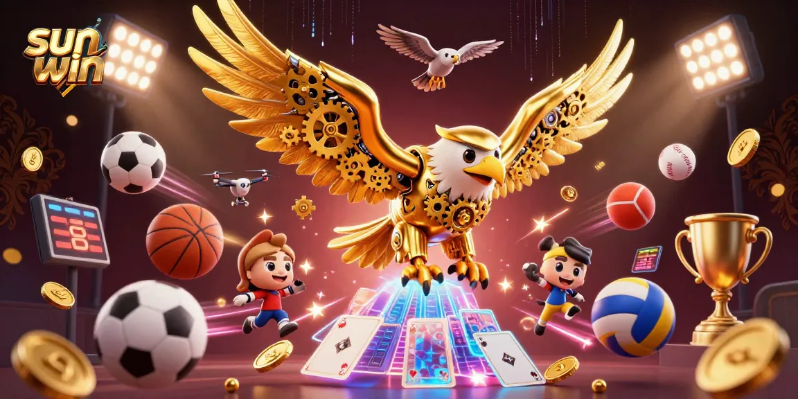 Experience the thrill of sun win as the cybernetic eagle soars through vibrant casino elements.